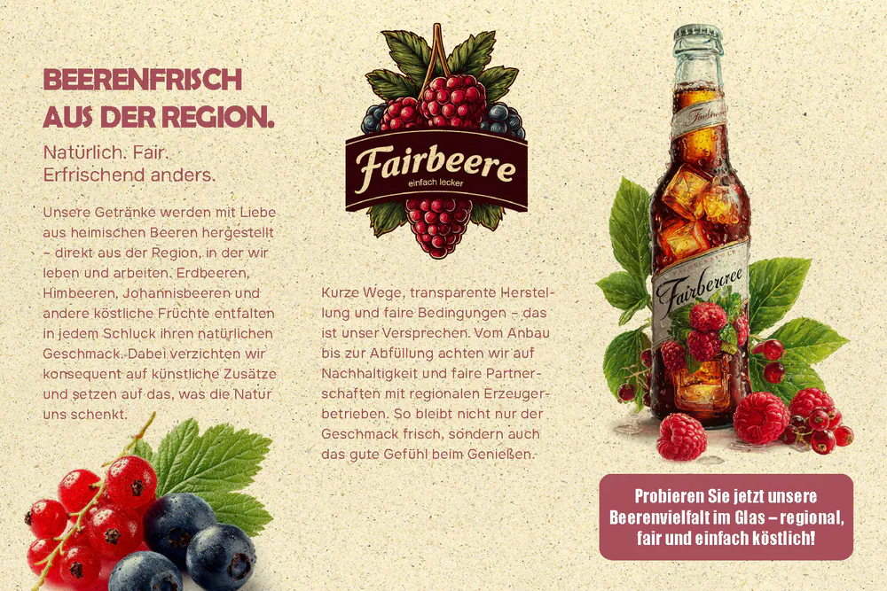 Beispiel einer KI-Flyervorschau für die erfundene Getränkemarke „Fairbeere“: Flyerseite mit Beeren, Logo und Flasche auf Graspapier-Struktur