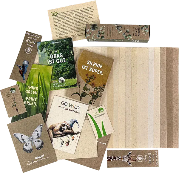 Musterset mit Karten, Flyern, Hüllen und Papierbögen aus Gras- und Silphiepapier