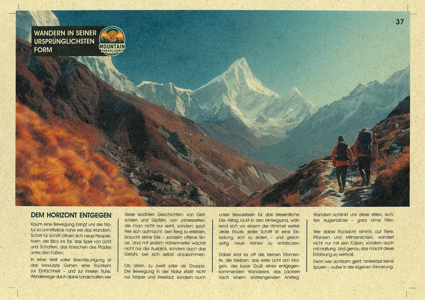 Druckmuster auf Graspapier 200 g/m² ohne Weißunterdruck: Magazinseite mit Bergfoto und zwei Wandernden