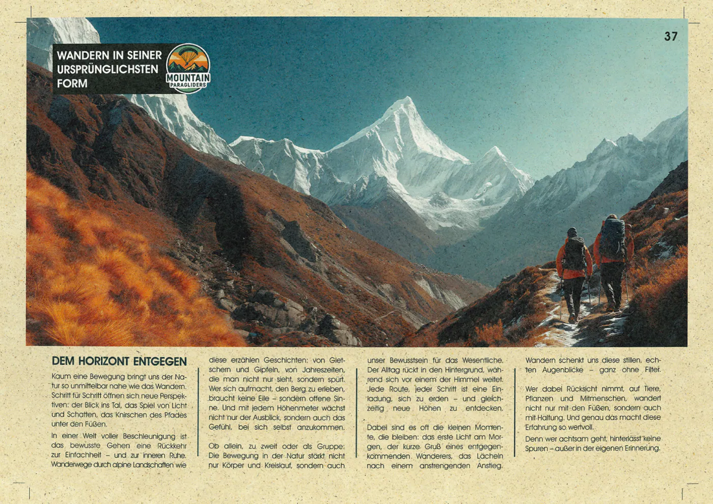 Dasselbe Druckmuster auf Graspapier 250 g/m² mit Weißunterdruck: Magazinseite mit Bergfoto und zwei Wandernden