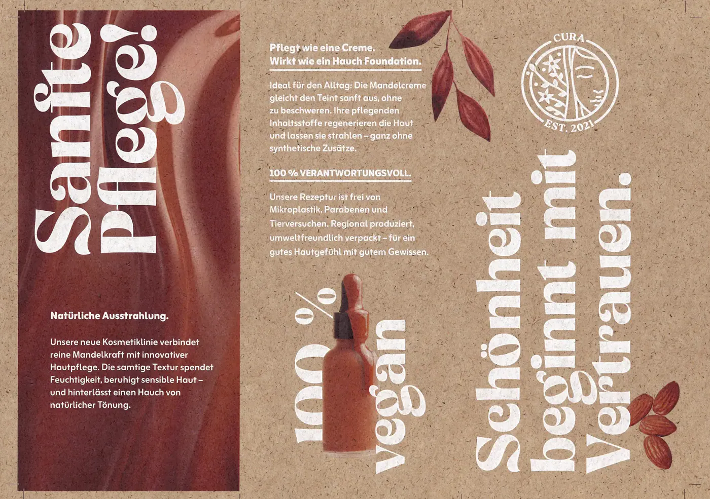 Dasselbe Druckmuster auf Silphiepapier 115 g/m² mit Weißunterdruck und weißer Schrift: Kosmetik-Flyer „Sanfte Pflege!“ mit rotbraunem Bildstreifen