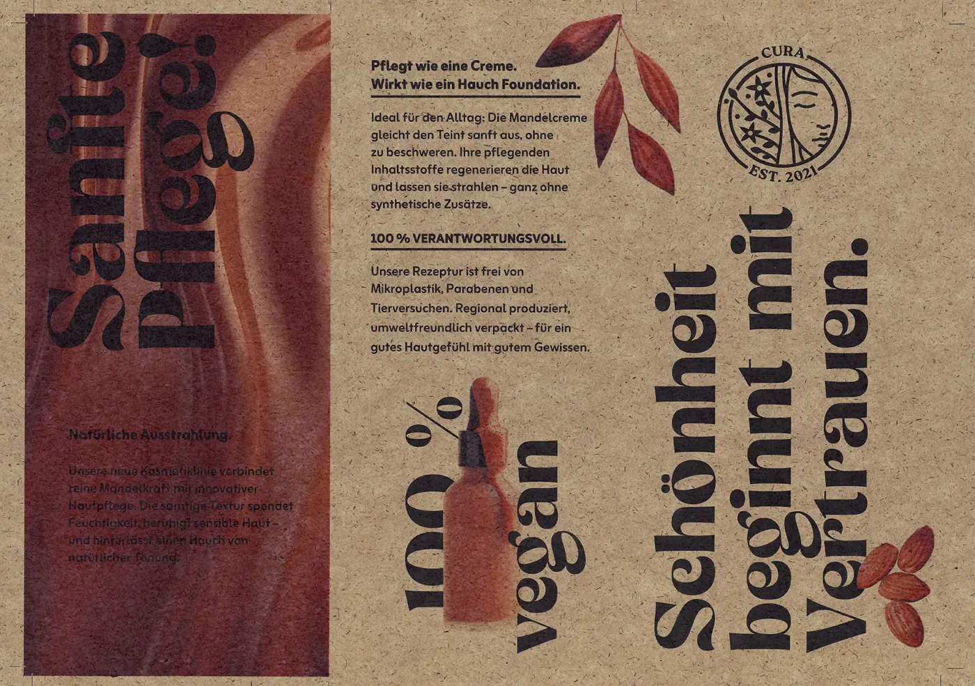 Druckmuster auf Silphiepapier 115 g/m² ohne Weißunterdruck: Kosmetik-Flyer „Sanfte Pflege!“ mit rotbraunem Bildstreifen
