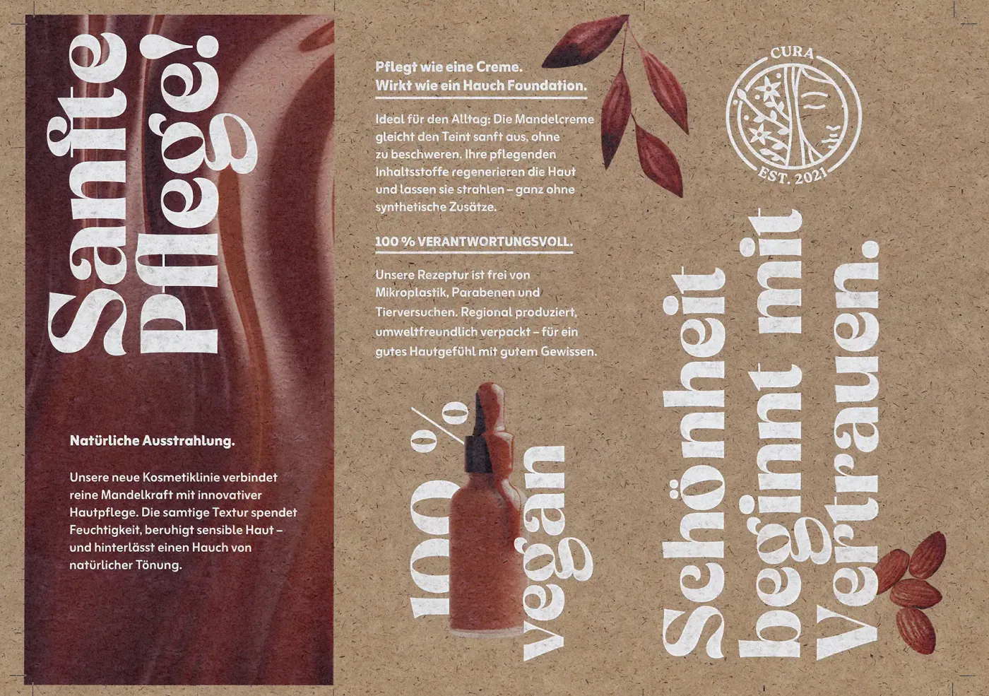 Dasselbe Druckmuster auf Silphiepapier 130 g/m² mit Weißunterdruck und weißer Schrift: Kosmetik-Flyer „Sanfte Pflege!“ mit rotbraunem Bildstreifen