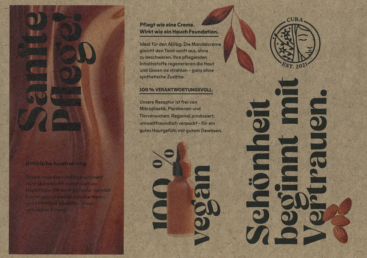 Druckmuster auf Silphiepapier 130 g/m² ohne Weißunterdruck: Kosmetik-Flyer „Sanfte Pflege!“ mit rotbraunem Bildstreifen