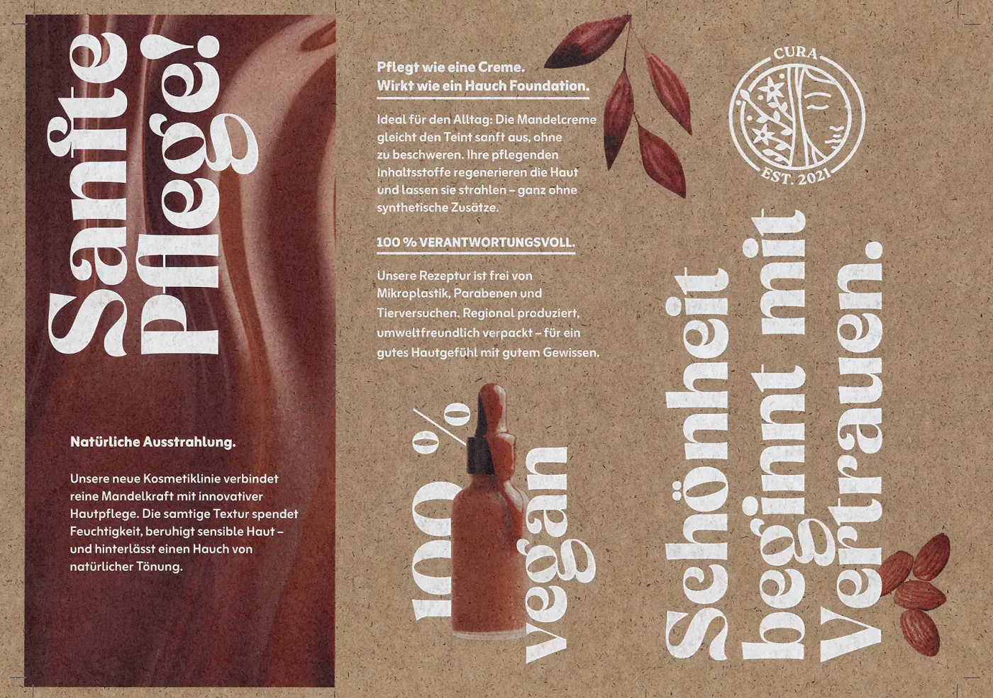Dasselbe Druckmuster auf Silphiepapier 200 g/m² mit Weißunterdruck und weißer Schrift: Kosmetik-Flyer „Sanfte Pflege!“ mit rotbraunem Bildstreifen