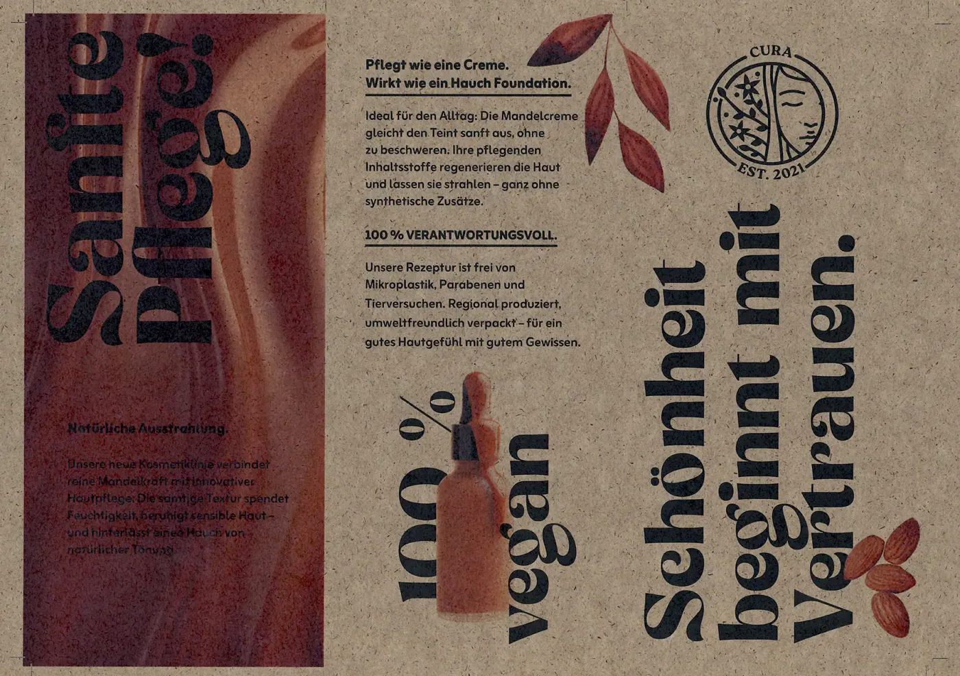 Druckmuster auf Silphiepapier 200 g/m² ohne Weißunterdruck: Kosmetik-Flyer „Sanfte Pflege!“ mit rotbraunem Bildstreifen