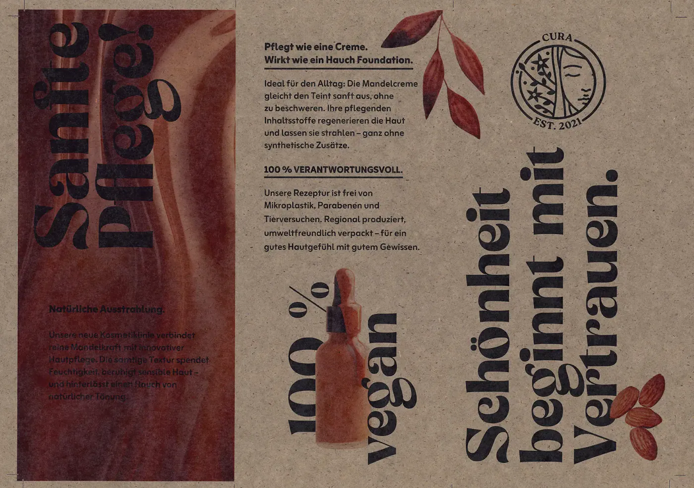 Druckmuster auf Silphiepapier 300 g/m² ohne Weißunterdruck: Kosmetik-Flyer „Sanfte Pflege!“ mit rotbraunem Bildstreifen