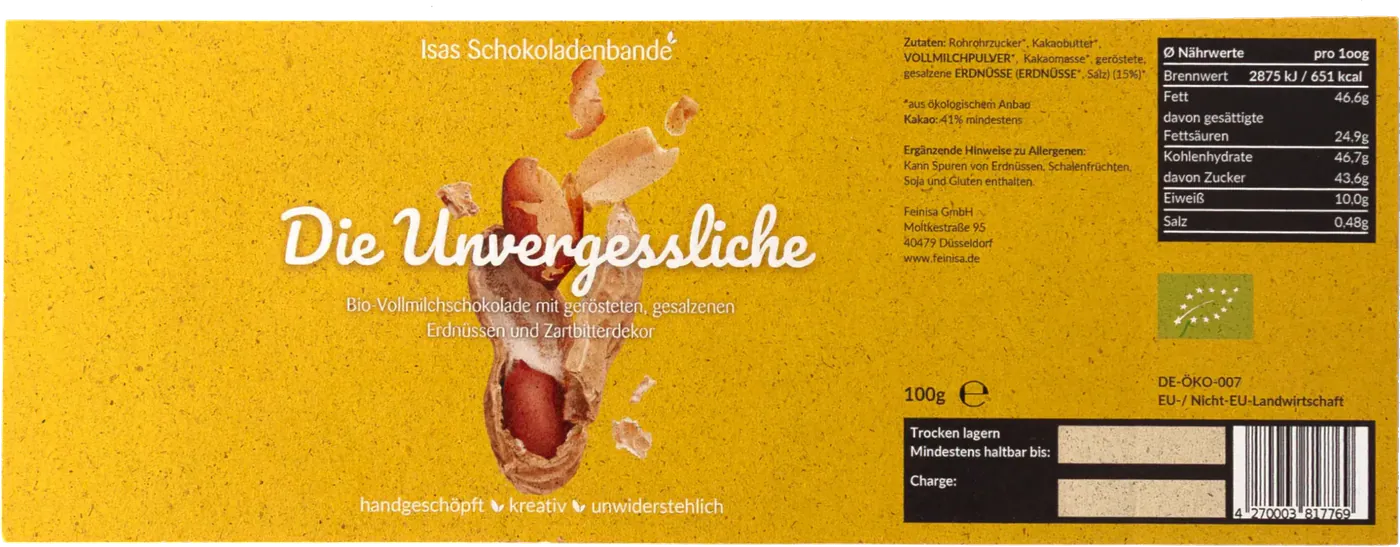 Gelbe Schokoladen-Banderole „Die Unvergessliche“ mit Illustration, gedruckt auf Graspapier