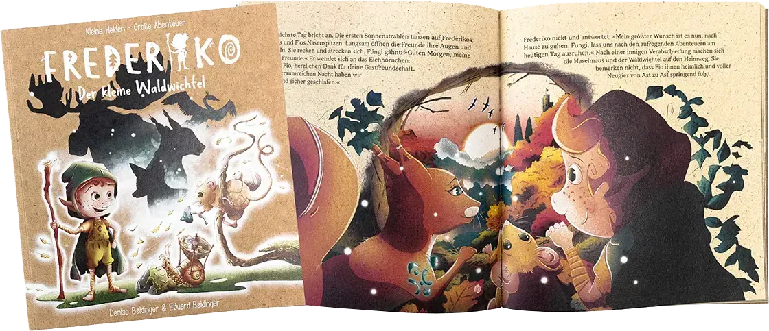 Aufgeschlagenes Bilderbuch mit farbigen Waldillustrationen auf Graspapier