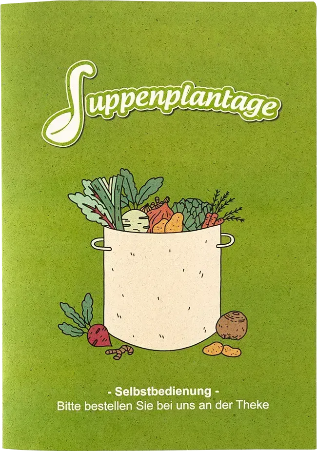 Grüner Flyer „Suppenplantage“ mit illustriertem Suppentopf und Gemüse