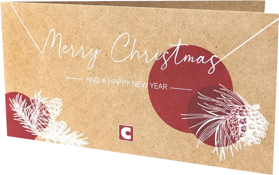 Klappkarte „Merry Christmas“ mit roten Kreisflächen und Zweigillustration auf Graspapier