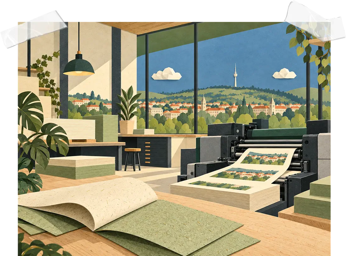 Illustration im Scherenschnitt-Stil: Druckwerkstatt mit großen Fenstern und Blick auf die Stuttgarter Hügel mit Fernsehturm. Drinnen druckt eine Druckmaschine grüne Bögen, daneben liegen Papierstapel, Graspapier-Bögen und Pflanzen.
